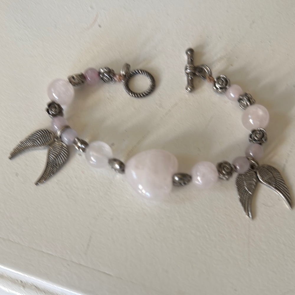 Self love Pink Quartz silver angel wings bracelet New